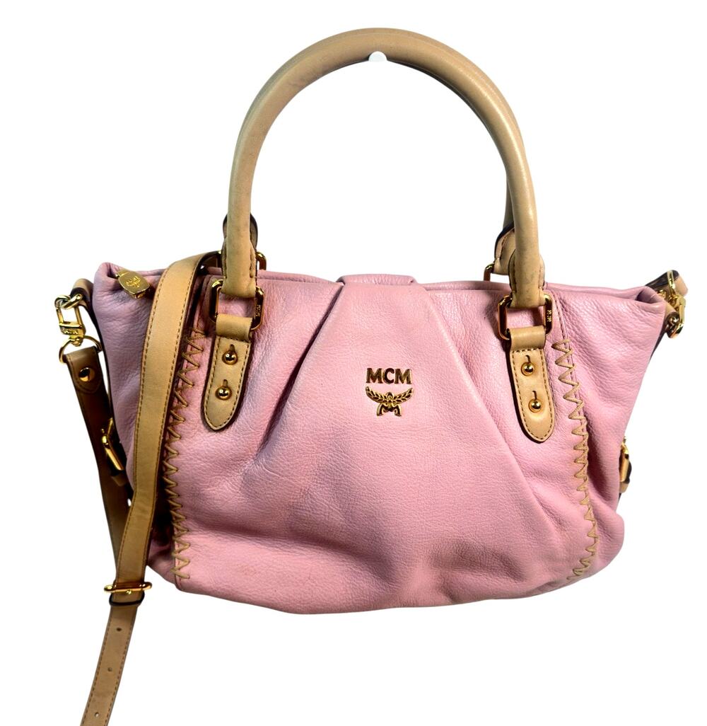 MCM Light Lilac Pebbled Leather Satchel Crossbody Bag/tan trim ~ Gold Hardware